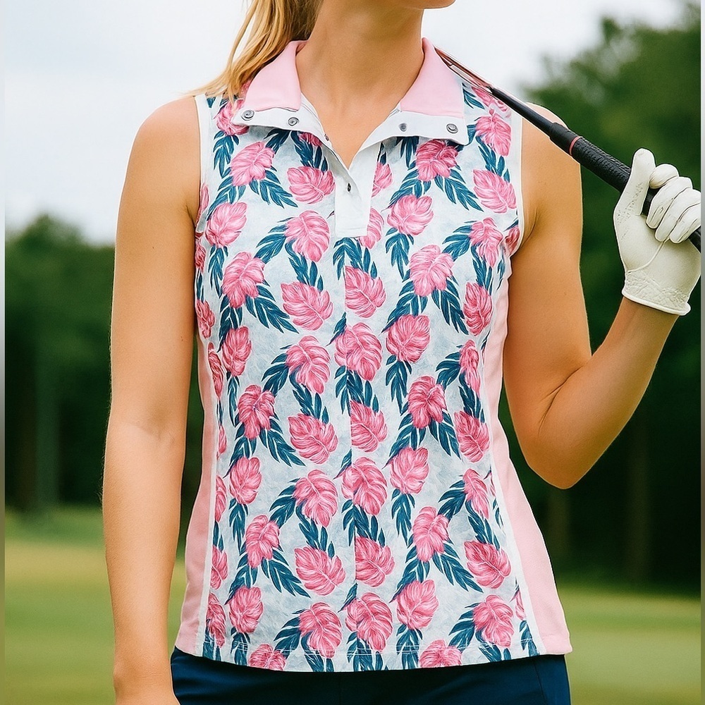 Lohla Sport Sleeveless Golf Pink Palm Leaf Collared Tank Top SIZE LARGE